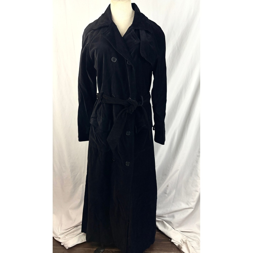 Vintage Spiegel Black Long Trench Coat Belted Leopard Lined 12